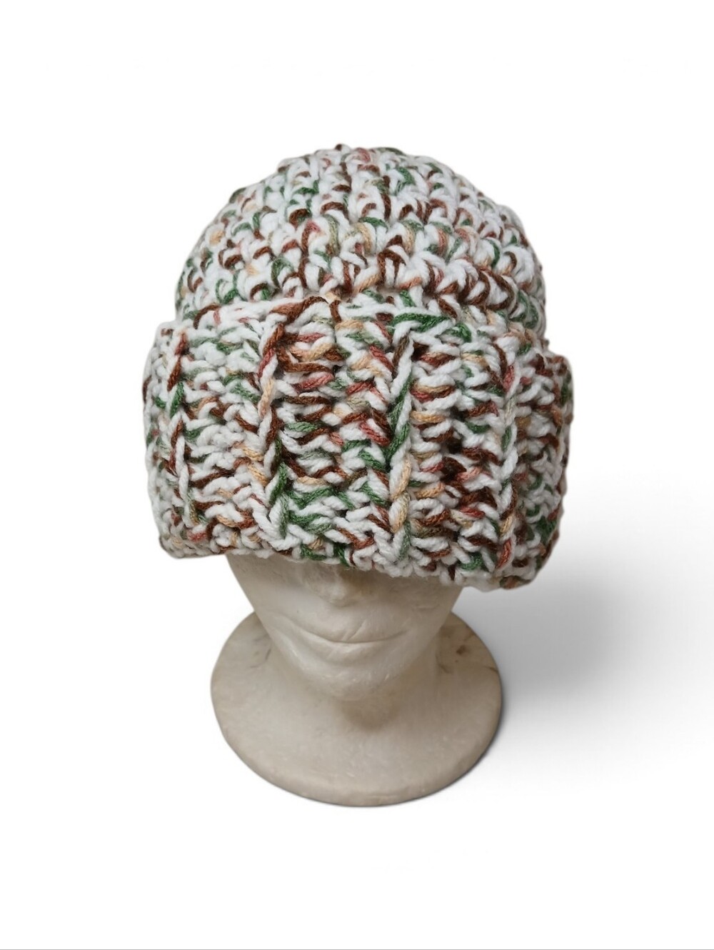 Handcrafted Multicolor Crochet Beanie - White with Brown & Green Accents